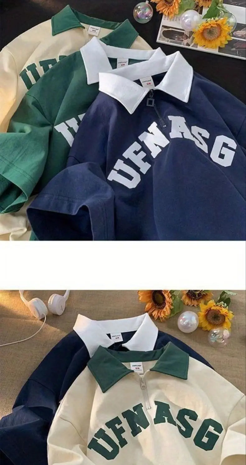 Threebooy Summer American men and women trendy personality half zip polo shirt short sleeved couple hip-hop loose retro casual T-shirt top