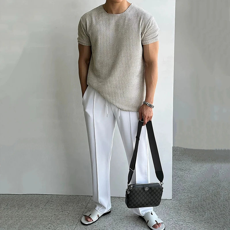 Threebooy New Trend Men Gym T-shirts Light Luxury Popular Slim-fit O Neck Tees Leisure Breathable Tops Sport Style Short Sleeve Knitwear