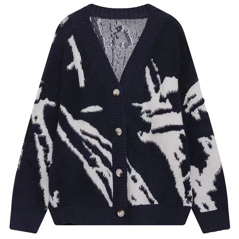 Threebooy American Oversized Sweater Cardigan Vintage Flocking Knit Sweater Men's Clothing Loose Winter Cardigans Y2k Hip-Hop Streetwear
