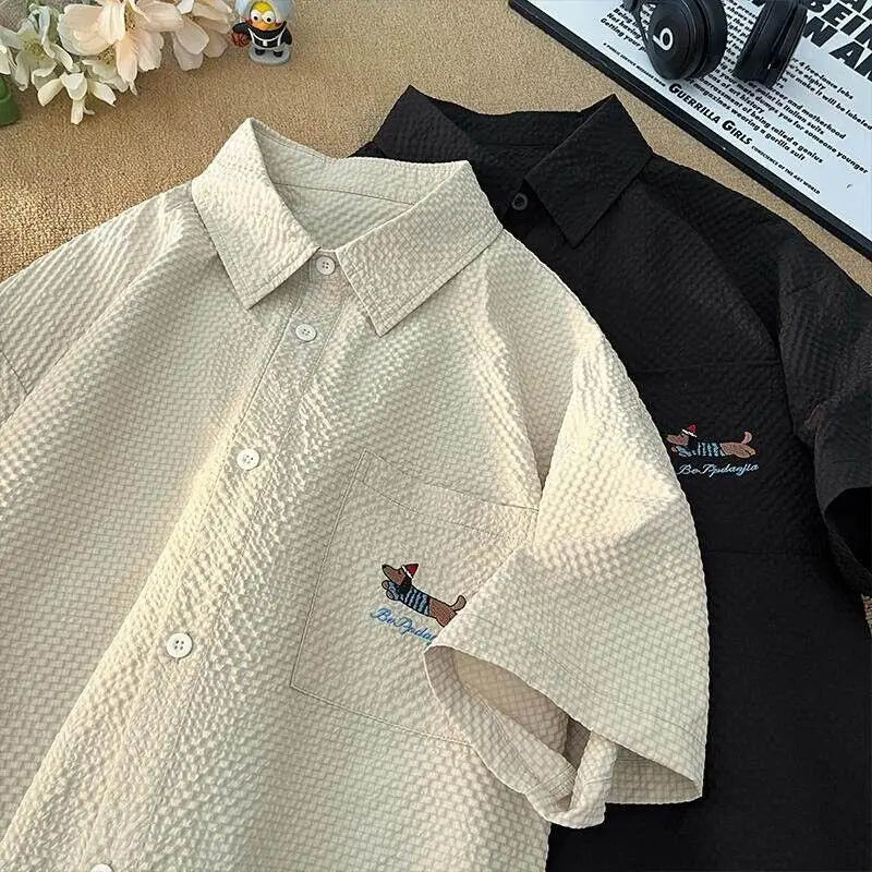 Threebooy Bubble Yarn Embroidered Shirt Short-sleeved Summer Thin Breathable Quick-drying Beach Shirt Couple Half-sleeved Jacket