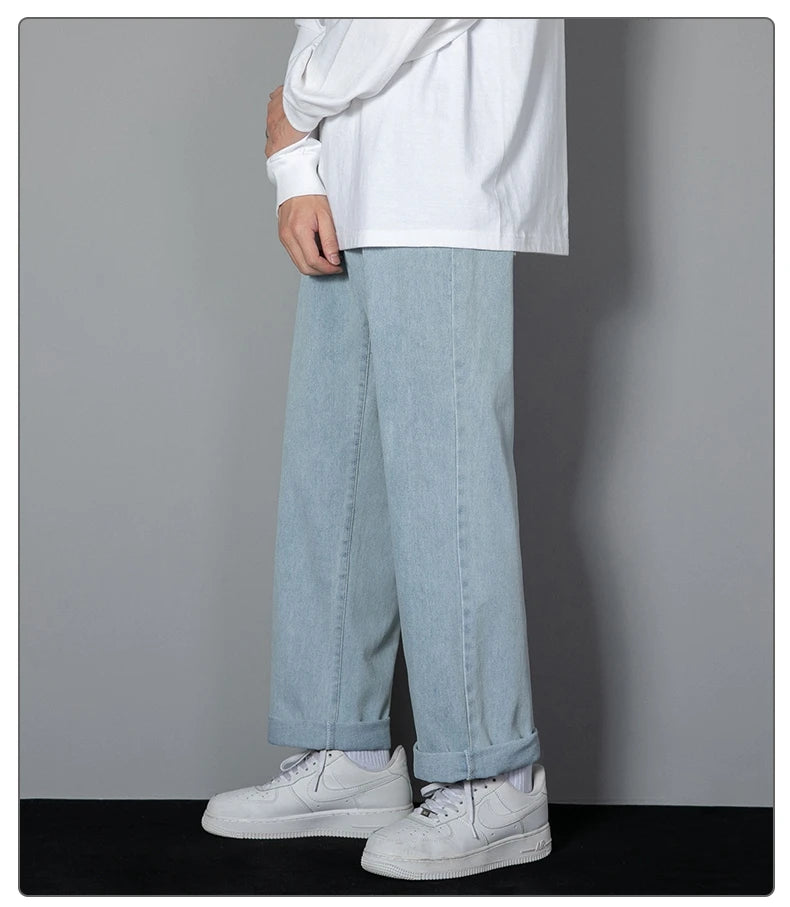 Threebooy 2025 New Korean Men's Casual Long Jeans Classic Man Straight Denim Wide-leg Pants Solid Color Light Blue Grey Black