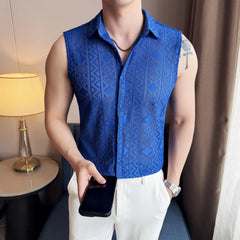 Threebooy  Summer New Men's Hollowed Out Sleeveless Vest Shirt Fashionable Social Nightclub Shirt High-quality Slim Fit Shirt