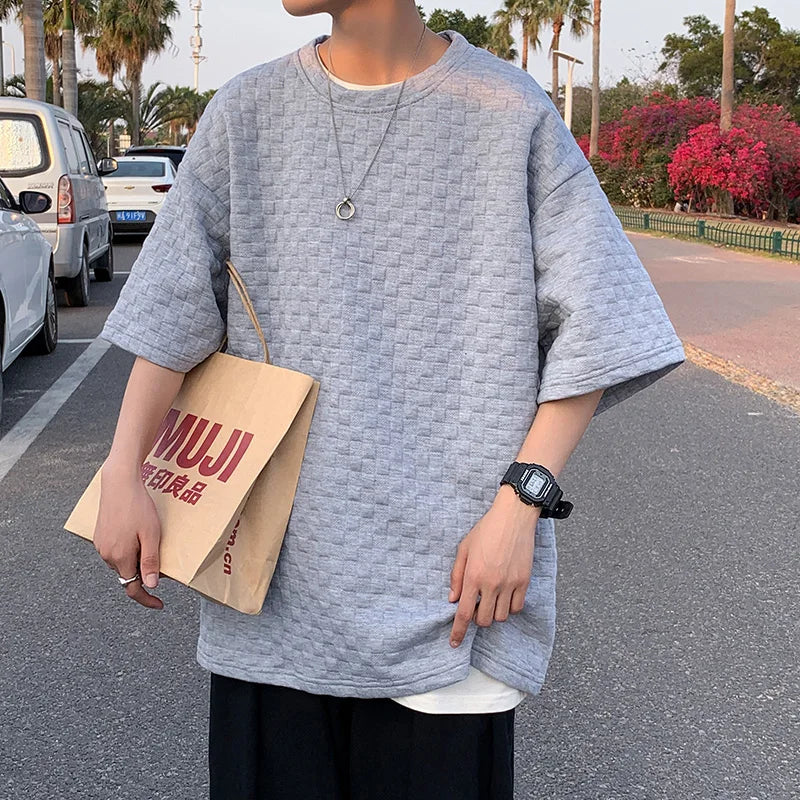 Threebooy Hong Kong Style Fashionable High-end Short-sleeved Versatile Half-sleeved Oversize Solid Color Simple Waffle Trendy Loose Top