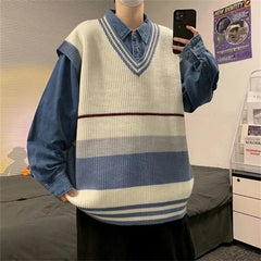 Threebooy Preppy Style V-neck Sweater Vest Men's Loose Sleeveless Sweater Vest Korean Fashion Striped Print Tops