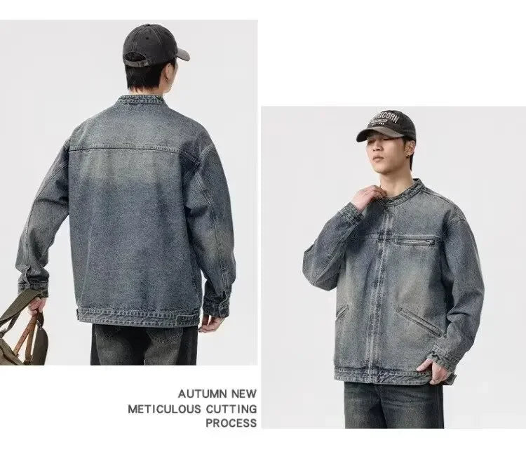 Threebooy Vintage Denim Jacket Men's Loose-Fit High-End Feel American Style Distressed Washing For Autumn Trendy Workwear