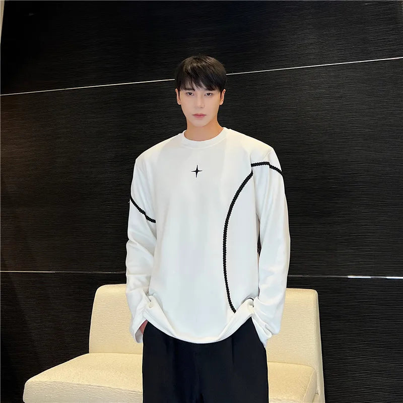 Threebooy harajuku Spring Autumn Men Clothing Long Sleeve Embroidery Shoulder Pad T-shirt Round Collar Casual T Shirts Tops For Male