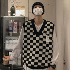 Threebooy Black White Checkerboard Plaid Print Vest Sweater Autumn Winter V Neck Men Preppy Style Harajuku Fashion Casual Oversize Knitted