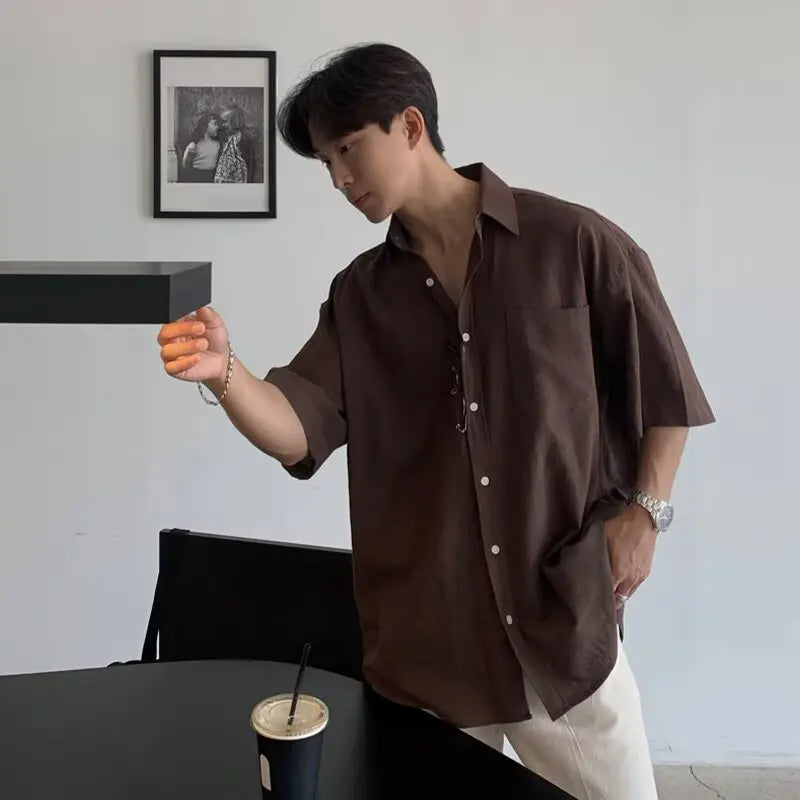 Threebooy New Korean Style Luxury Business Shirts Fashion Lapel Solid Color Short Sleeve Button-down Cardigan Tops Summer All-match Blouse