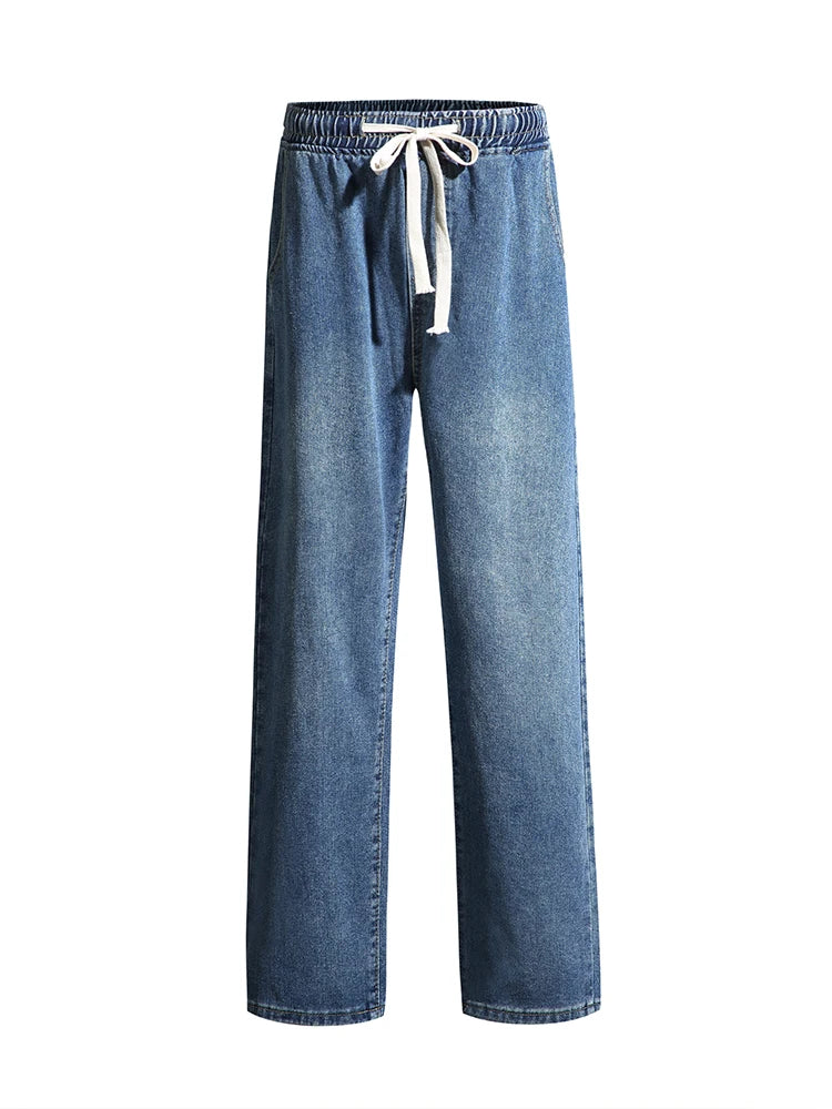 Threebooy  Men's Spring Summer Semi-Wide Leg Jeans Korean Fashion Washed Cotton Casual Denim Pants Black Blue Straight Trousers