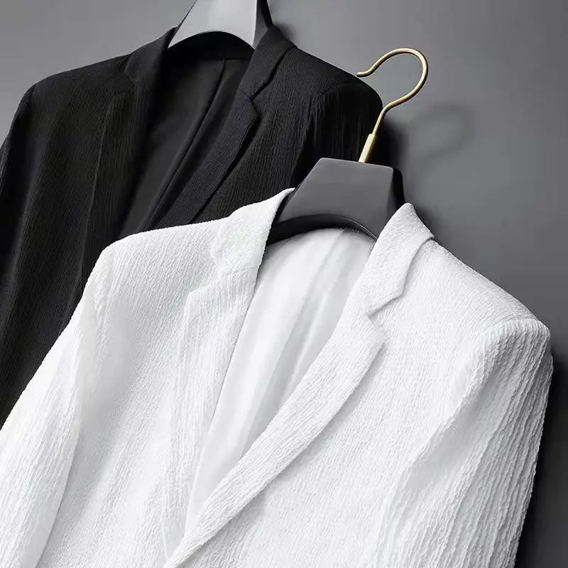 Threebooy Korean elegant set White Men's Casual Suit Jacket Men's Spring Thin Style Plus Size blazer Suit Striped Pleated Trendy set