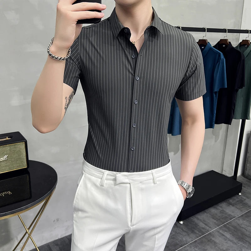 Threebooy  Top Quality Men's Summer Casual Short Sleeve Shirts/Male Slim Fit Business Office Stripe Casual Shirt Man Dress Shirts 4XL