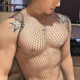 Threebooy Flash Diamond Vest Mesh Navel Tank Tops Men's Sexy Fishnet Perspective Personality T-shirt Trend Nightclub Unisex Sexy Underwear