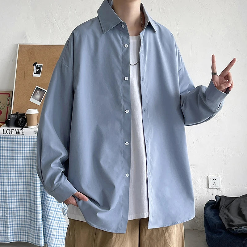 Threebooy Spring Simple Black Long Sleeve Shirts Men Korean Mens Harajuku White Oversized Shirt Male Button Up Shirts Blouses 5XL-M
