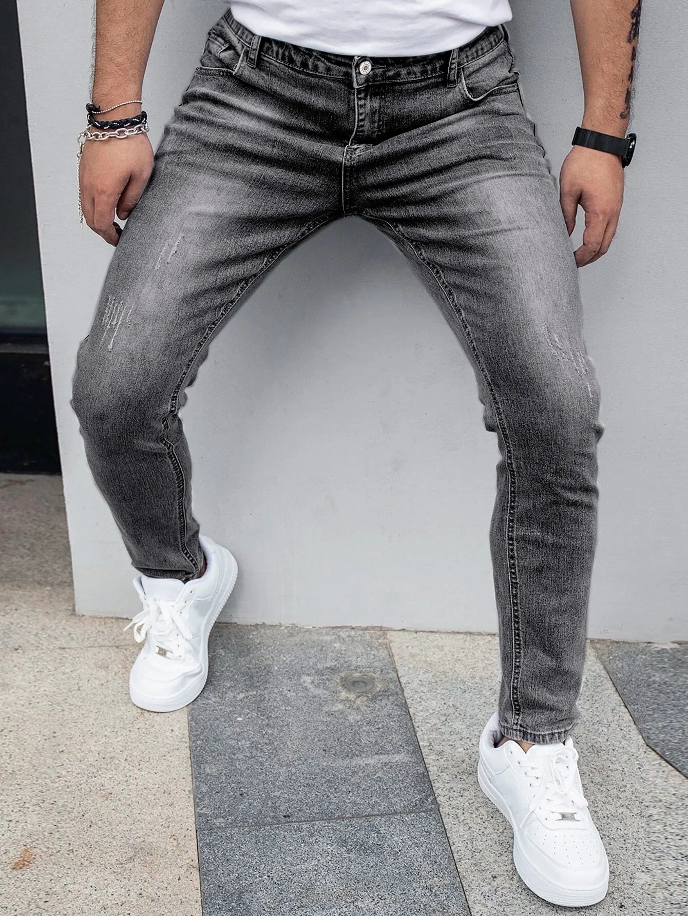 Threebooy  1 Piece of Men's Four-Season Snowflake Washed Fashion Jeans, Stretch Slim Fit Light Gray Dark Black Casual Denim Pants, Normcore and Fashionable, Suitable for Everyday Wear