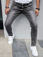 Threebooy  1 Piece of Men's Four-Season Snowflake Washed Fashion Jeans, Stretch Slim Fit Light Gray Dark Black Casual Denim Pants, Normcore and Fashionable, Suitable for Everyday Wear
