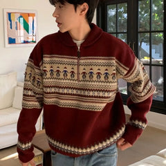 Threebooy American style autumn and winter street fashion half zipper polo sweater for couples loose retro red Harajuku knit top y2k