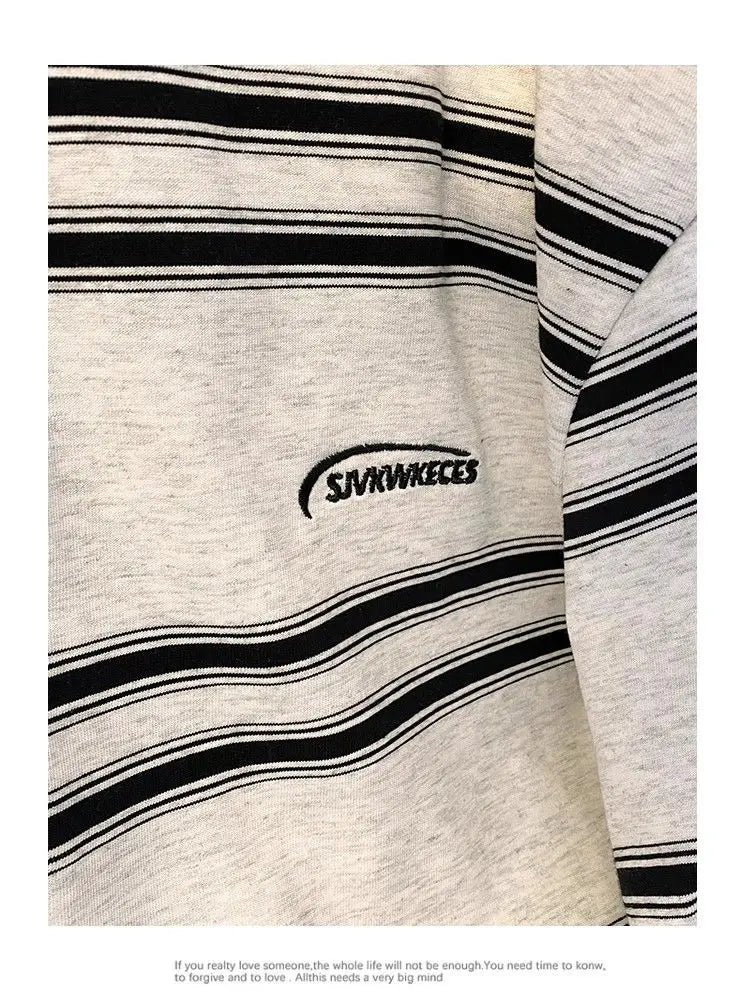 Threebooy High street hip-hop men and women trendy personalized striped polo short sleeved couple summer loose retro casual Harajuku top