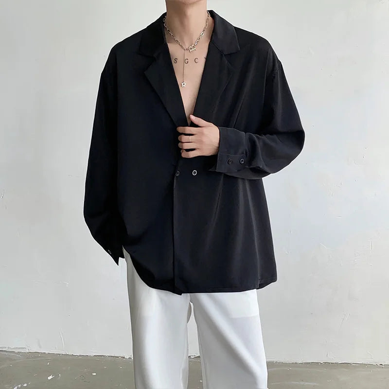 Threebooy Korean Men Solid Color Lapel Double-breasted Casual Shirt Fashion Long Sleeve Tops Streetwear Loose Leisure Camisa Masculina