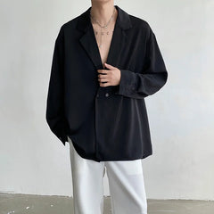 Threebooy Korean Men Solid Color Lapel Double-breasted Casual Shirt Fashion Long Sleeve Tops Streetwear Loose Leisure Camisa Masculina