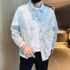 Threebooy  Spring Autumn Fashion Turn-down Collar Long Sleeve Solid Color Men's Clothing Sunscreen Breathable Pockets Button Trend Thin Top