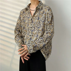 Threebooy Spring Summer New Cashew Flower Print Shirt Korean style Loose Casual Long-sleeved Tee Tops All-Match Blouse Men