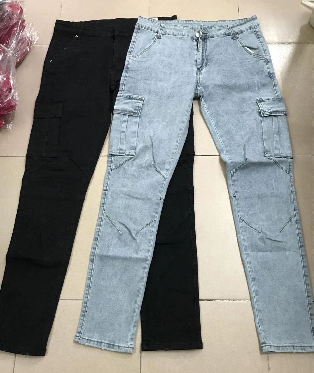 Threebooy Street Elastic Jeans Men Denim Cargo Pants Wash Solid Color Multi Pockets Casual Mid Waist Trousers Slim Fit Daily Wear Joggers