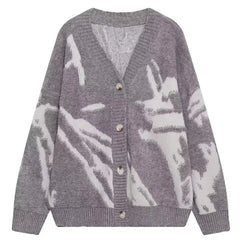 Threebooy American Oversized Sweater Cardigan Vintage Flocking Knit Sweater Men's Clothing Loose Winter Cardigans Y2k Hip-Hop Streetwear