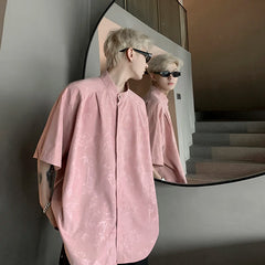 Threebooy Harajuku Blouses Men Bamboo Leaf Print Shirt Streetwear Button Up Short Sleeve Shirts Chinese Style Tops Unisex Cool Summer