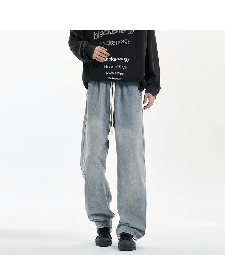 Threebooy New Men's Jeans Washed Jeans Pants Unisex Drawstring Denim Pants Male Streetwear Korean Straight cylinder loose Cowboy Trousers