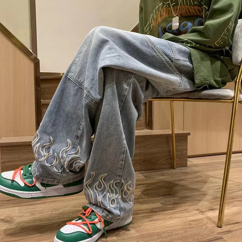 Threebooy  Men's Fashion Flame Embroidery Jeans Neutral Wide Denim Pants Baggy Straight Youth Casual Hip Hop Trousers Male Trendy Brand
