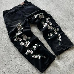 Threebooy  Y2K Baggy Jeans Harajuku vintage cherry blossom Embroidery high quality jeans streetwear Hip Hop gothic men women wide leg jeans