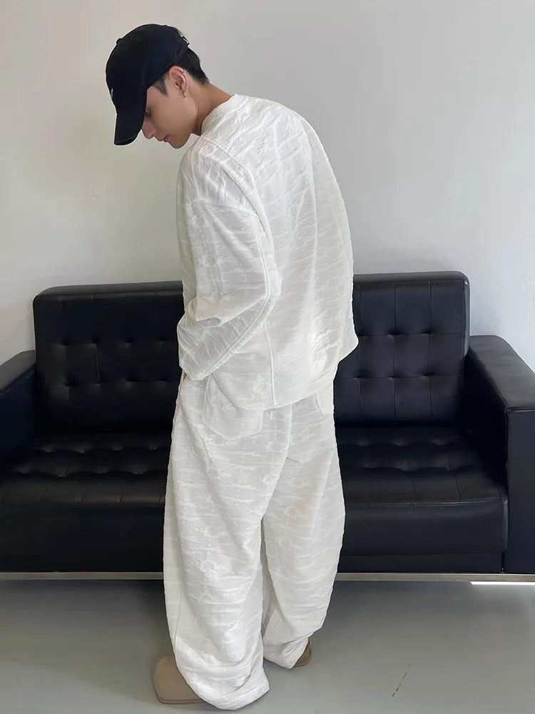 Threebooy  Kpop Tracksuit Retro Loose Three-dimensional Set Ethnic Jacquard Milk White Sports Suit American Casual High-end Wear