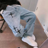 Threebooy Print Embroidery Jeans Men Vintage Casual Loose Wide Leg Baggy Man Trousers 2024 Spring Summer Fashion Hip Hop Male Cargo Pant