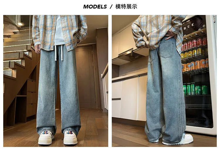 Threebooy Jeans Men Denim Pants Elastic waist pull rope Straight Droop Vintage Loose Bottom Straight Wide Leg Casual Male Trouser
