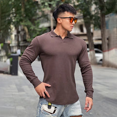 Threebooy Men Tee Shirt V-neck Turndown Collar Long Sleeve Elastic Cotton Tee&Tops Stylish T-shirt Autumn Casual Solid Male Clothing