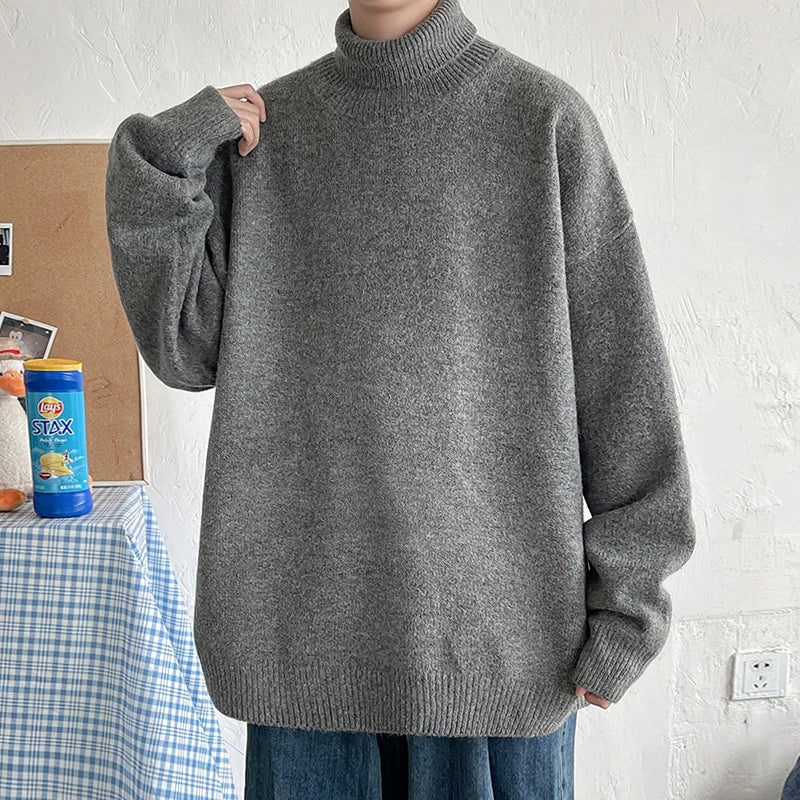 Threebooy Pink Oversized Korean Fashions Harajuku Knitted Sweater Winter Turtleneck Sweaters Pullovers Men Vintage Black Clothes