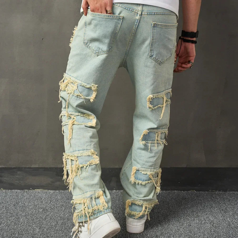 Threebooy Retro Style Men HipHop Ripped Patch Spliced Biker Jeans Men's Stylish Motorcycle Casual Straight Denim Pants