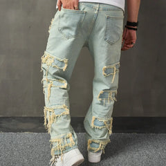 Threebooy Retro Style Men HipHop Ripped Patch Spliced Biker Jeans Men's Stylish Motorcycle Casual Straight Denim Pants