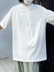 Threebooy Minimalist Retro Top Chinese Stand Collar Irregular Splicing Niche T-shirt Round Neck Simple Solid Color Short Sleeves Tees Men