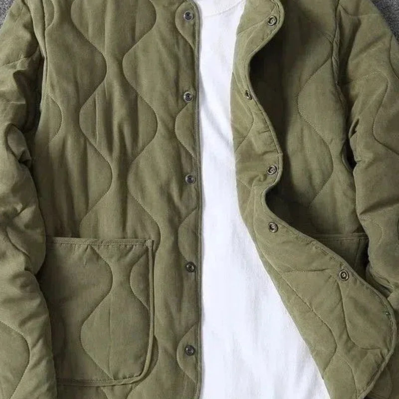 Threebooy Autumn Winter O-neck Quilted Jacket Men's Versatile Green Retro Thickened Coat Men Techwear Button Up Oversize Jacket