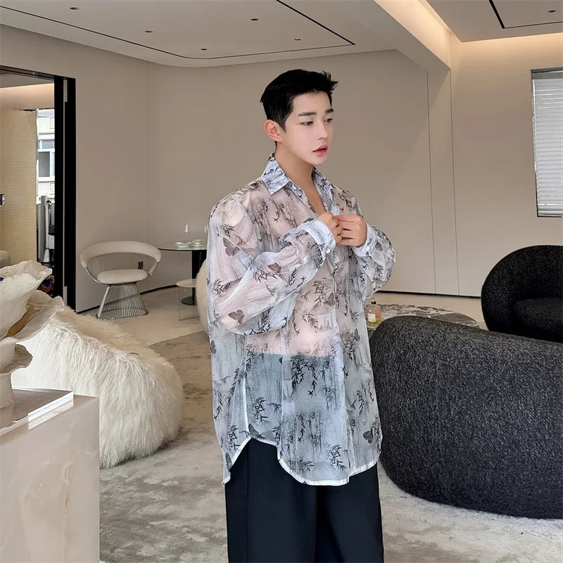 Threebooy Transparent Shirt Men Fashion Printed Harajuku Shirt Top Korean Loose Casual Clothes Sun-proof Daily All-match Summer Holiday