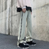 Threebooy Open Side Zippers High Street Jeans Men Street Straight Slim Denim Pants Vintage Trend Trousers Foot Opening Male Bottoms