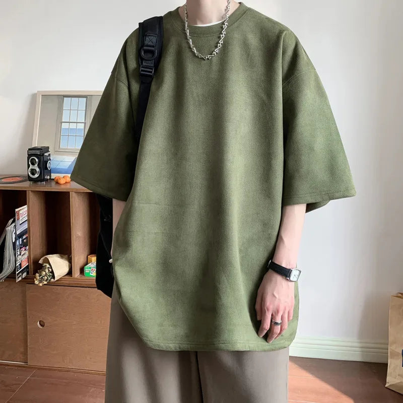 Threebooy  Summer T Shirt Men Oversized Solid Color Retro T Shirt Men Streetwear Hip-hop Loose Short Sleeved T-shirt Mens Suede T shirt