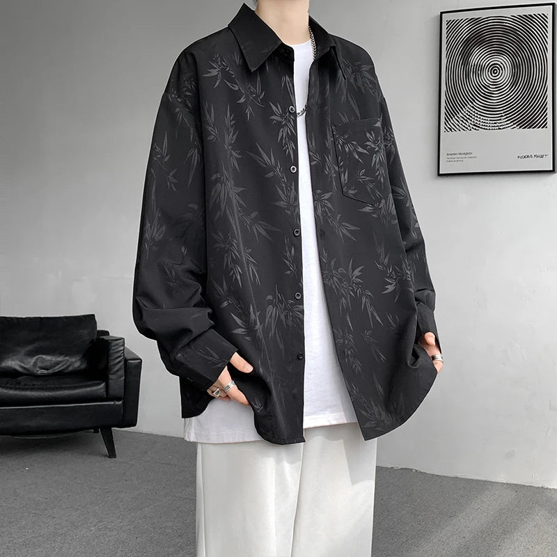 Threebooy Casual Shirt for Men Ice Silk Bamboo Leaf Long Sleeve Shirt Harajuku Top Quality Loose Drape Black White Japanese Streetwear