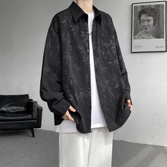 Threebooy Casual Shirt for Men Ice Silk Bamboo Leaf Long Sleeve Shirt Harajuku Top Quality Loose Drape Black White Japanese Streetwear