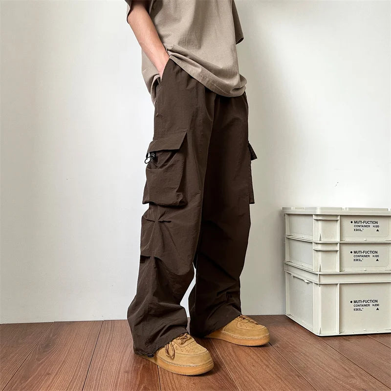 Threebooy  Summer Thin Pants Men Fashion Pocket Cargo Pants Men Japanese Streetwear Hip-hop Loose Straight Pants Mens Oversized Trousers
