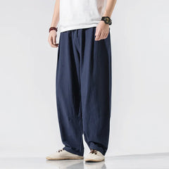 Threebooy   Men's Tang Suit Cotton and Linen Men's Loose Casual Straight Tube Cotton and Linen Casual Trousers Summer