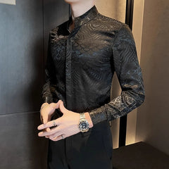 Threebooy  Spring Autumn Stand Up Collar Long Sleeved Printed Shirts Men Fashion Casual Business Social Formal Chinese Style Men's Shirt