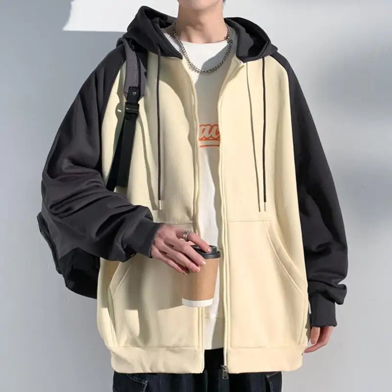 Threebooy  Splicing Young Students Male Hoodie Baggy Full Zip Up Harajuku Fashion Aesthetic Luxury Cheap Streetwear Men's Hooded Sweatshirt