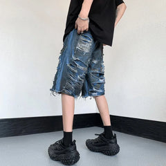 Threebooy Casual Streetwear HIP HOP Tie Dye Fashion Brand Broken Hole Denim Shorts Men's Summer High Street Trousers Straight Tube Ragged Edge Shorts